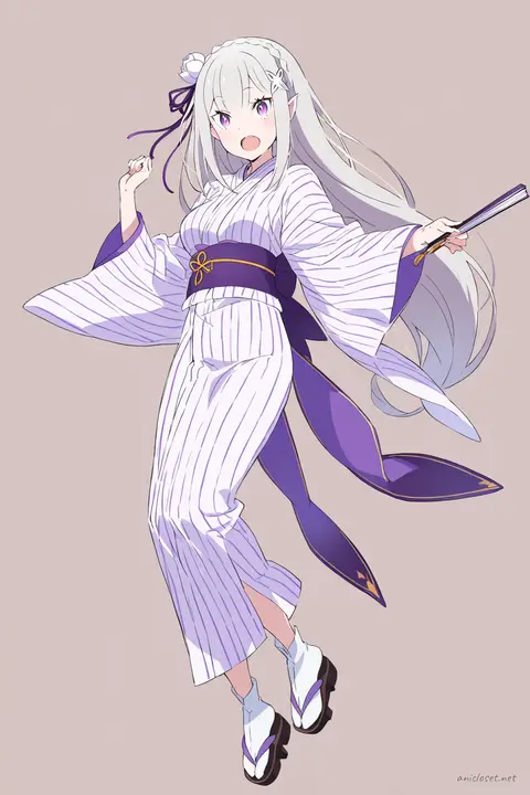 Knee-up half-body illustration of Emilia wearing a summer yukata with simple stripes, geta sandals, and holding a folded fan, set against a clean background with soft studio lighting