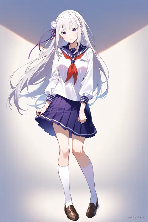 Full-body three-quarter view illustration of Emilia in navy sailor fuku with red neckerchief and pleated skirt, white knee-high socks, and brown loafers on a clean studio background