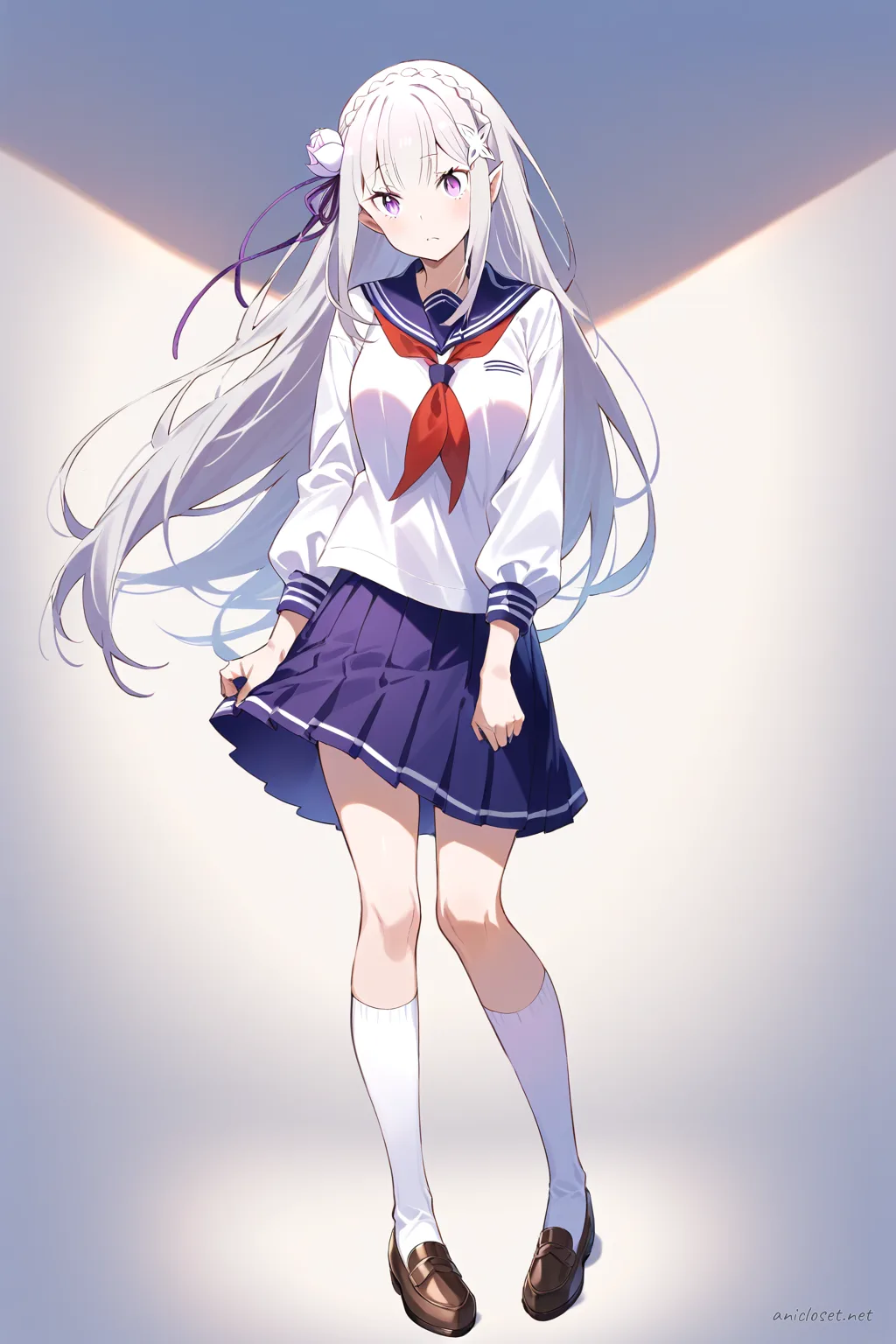Full-body three-quarter view illustration of Emilia in navy sailor fuku with red neckerchief and pleated skirt, white knee-high socks, and brown loafers on a clean studio background