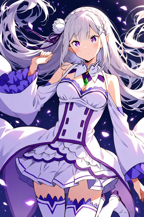 Knee-up half-body illustration of Emilia in her classic white and purple dress with long flowing sleeves and flower hair ornament, soft studio lighting
