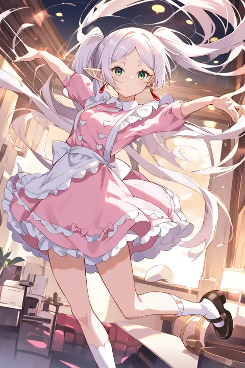 Illustration of Frieren wearing a pastel pink maid dress with scalloped apron, heart buttons, puff sleeves, peter pan collar, knee socks, and pink bow shoes