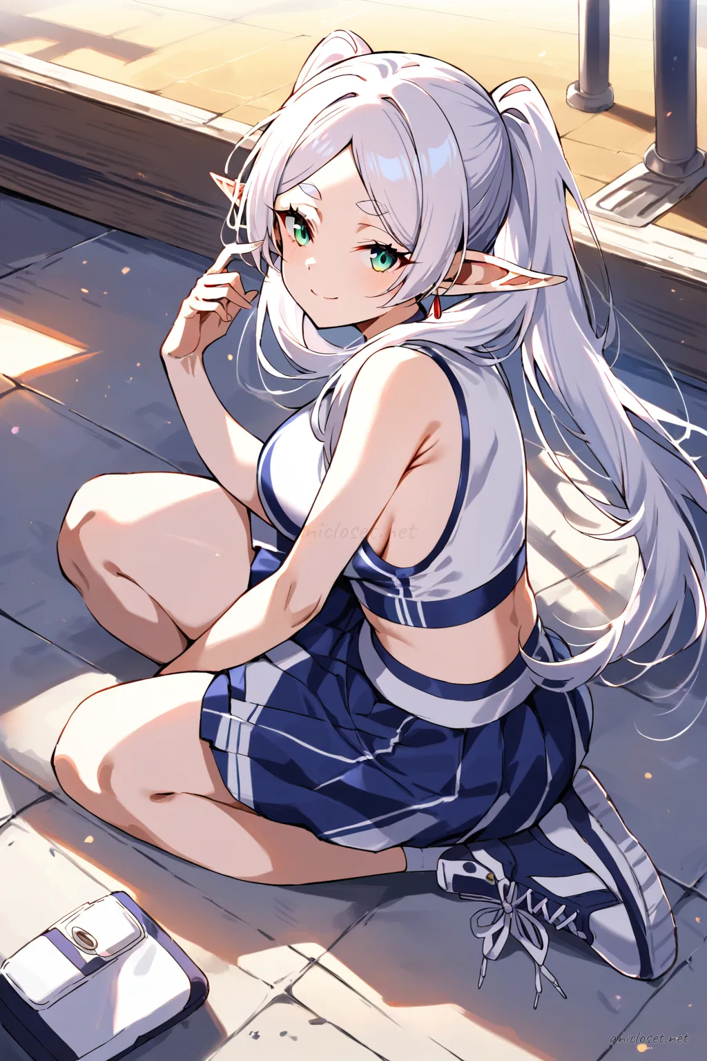Full body illustration of Frieren wearing a short pleated skirt, tight sport crop top, knee socks, and sneakers standing calmly on a gymnasium floor