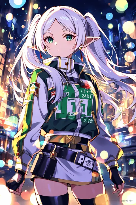Illustration of Frieren in a tight racing jacket, mini skirt, thigh-high boots, and fingerless gloves with sponsor-style patches in a cowboy shot