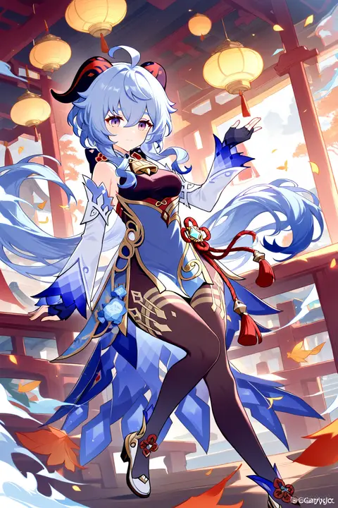 Full-body three-quarter view illustration of Ganyu in her signature purple qipao dress with blue floral embroidery, sheer black arm sleeves, black thigh-high stockings, and blue ankle boots against a simple studio background