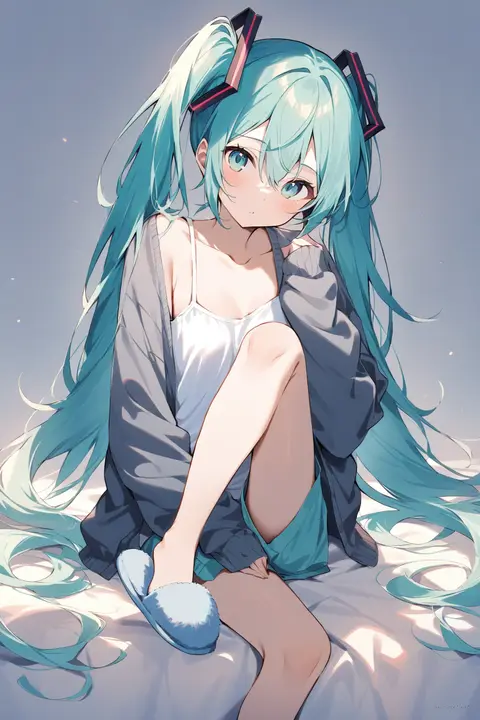 Illustration of Hatsune Miku in loungewear featuring cardigan, camisole, and lounge pants, shown knee-up with soft studio lighting