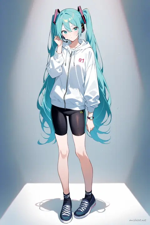 Full-body illustration of Hatsune Miku standing in a zip-up hoodie and bike shorts with slip-on sneakers against a clean studio backdrop