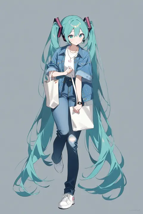 Illustration of Hatsune Miku in a casual outfit with a denim jacket, graphic t-shirt, high-waisted skinny jeans, white sneakers, and canvas tote bag under soft studio lighting