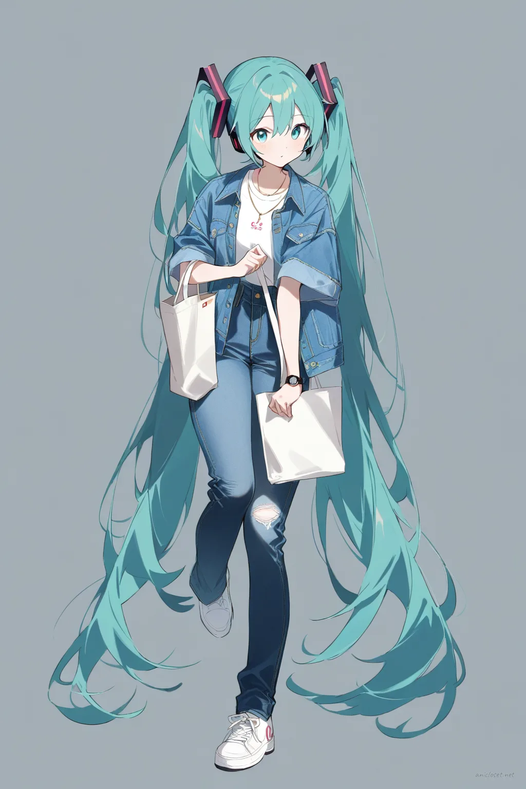 Illustration of Hatsune Miku in a casual outfit with a denim jacket, graphic t-shirt, high-waisted skinny jeans, white sneakers, and canvas tote bag under soft studio lighting