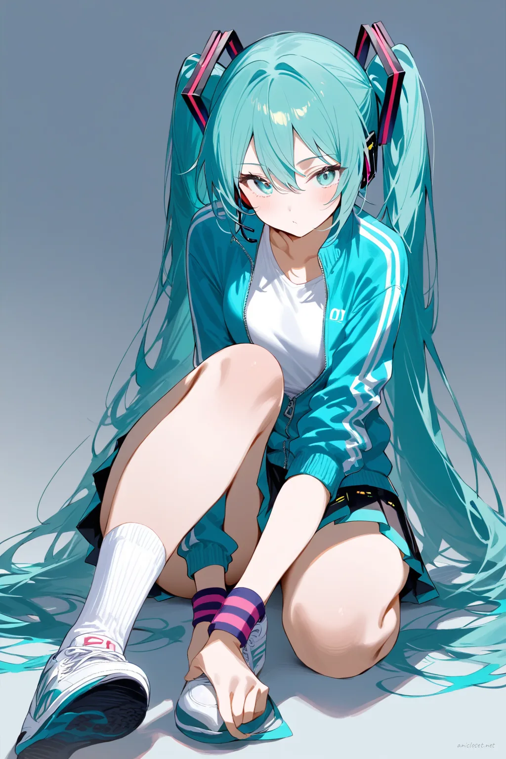 Illustration of Hatsune Miku wearing a track jacket, athletic tank top, tennis skirt, sports socks, running shoes, and wristbands in a knee-up half-body pose with soft studio lighting