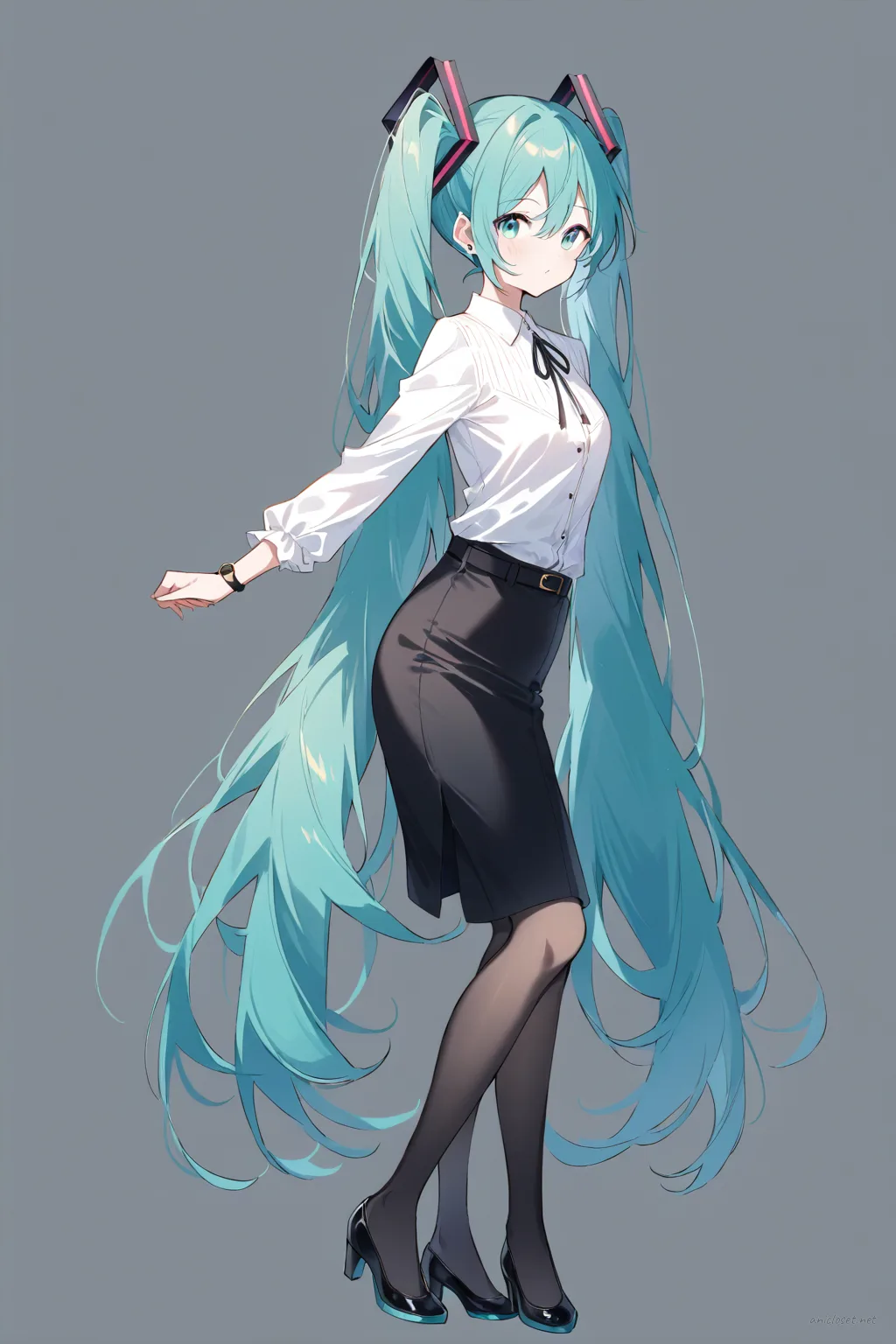 Illustration of Hatsune Miku standing in an office outfit with a white fitted blouse, black pencil skirt, black pumps, and sheer pantyhose against a clean studio background
