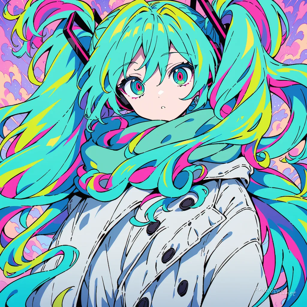 Half-body illustration of Hatsune Miku in winter coat, wool scarf, turtleneck sweater, pleated skirt, mittens, and knee-high boots facing viewer with soft studio lighting
