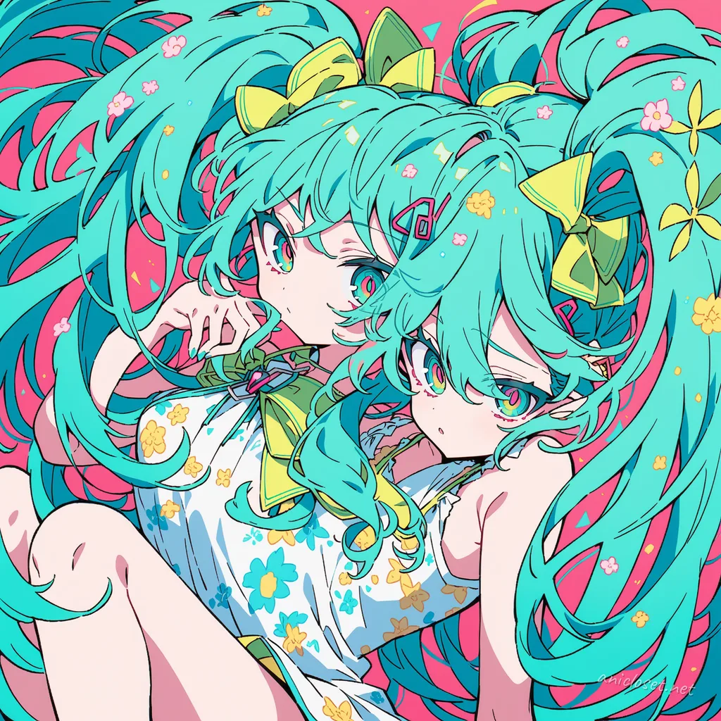 Full-body illustration of Hatsune Miku in a sleeveless floral sundress, lightweight beach cardigan, strappy sandals, and woven straw hat, standing against a clean backdrop