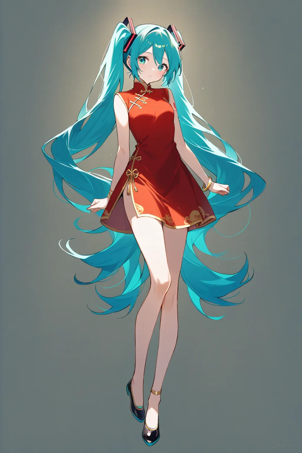 Full-body three-quarter view illustration of Hatsune Miku wearing a classic red qipao with gold trim, mandarin collar, side slits, sleeveless fitted silhouette, black ballet flats, gold bangle bracelets, and simple gold stud earrings on a clean studio background