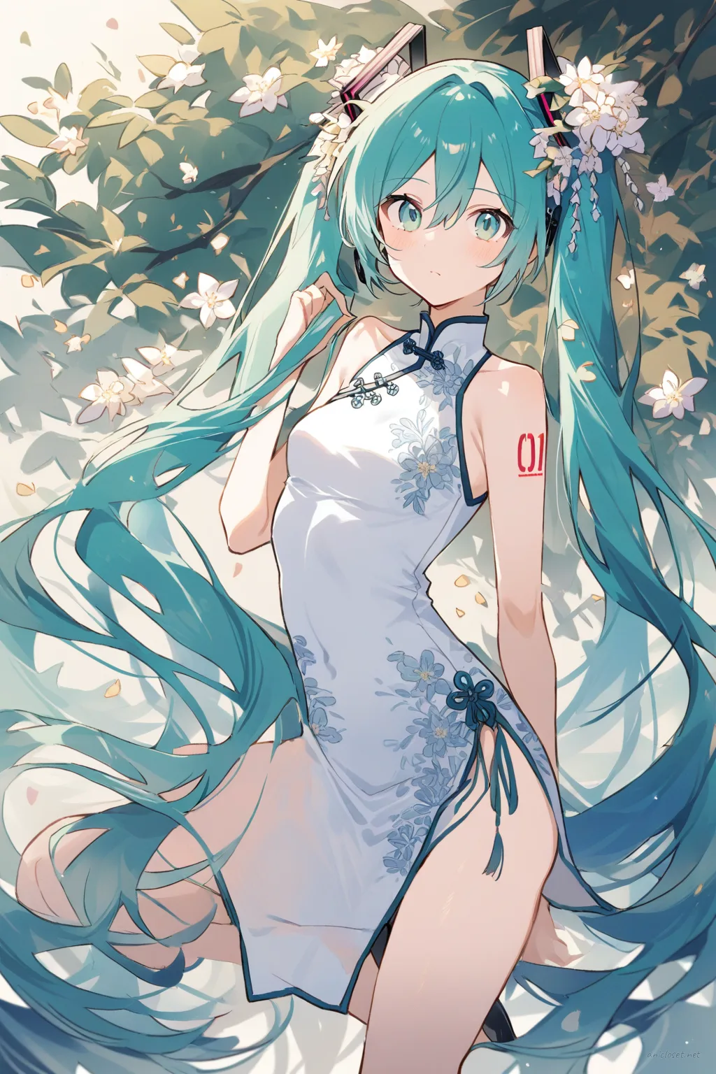 Full-body three-quarter view of Hatsune Miku wearing a navy sleeveless cheongsam with subtle floral embroidery, high slit, mandarin collar, white trim, black ballet flats, and silver bracelet against a simple studio background