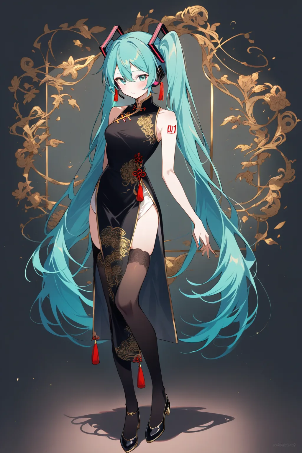 Full-body three-quarter view illustration of Hatsune Miku wearing a black sleeveless qipao with high collar, side slits, gold embroidery, black thigh-high stockings, black Mary Jane shoes, and red tassel earrings against a simple studio background
