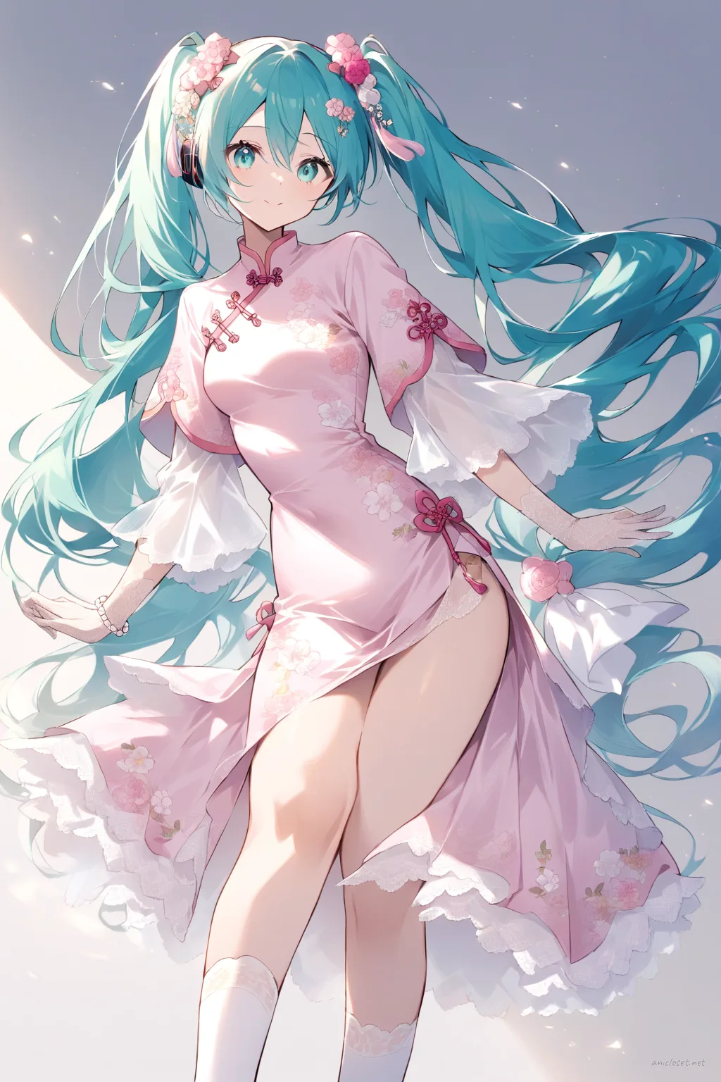 Illustration of Hatsune Miku in a pastel pink qipao with floral embroidery, mandarin collar, and white sheer gloves, shown in a knee-up half-body pose under soft studio lighting