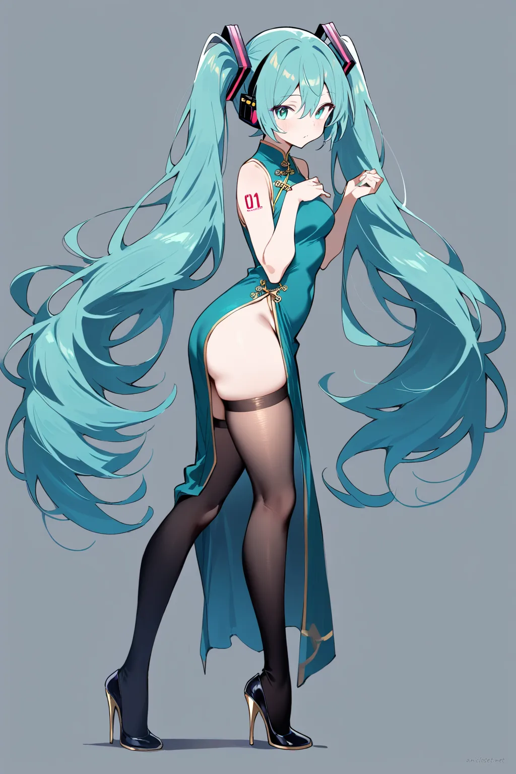 Full-body illustration of Hatsune Miku wearing a teal sleeveless qipao with gold trim, high slit, black stiletto heels, and sheer black stockings, standing against a clean studio backdrop
