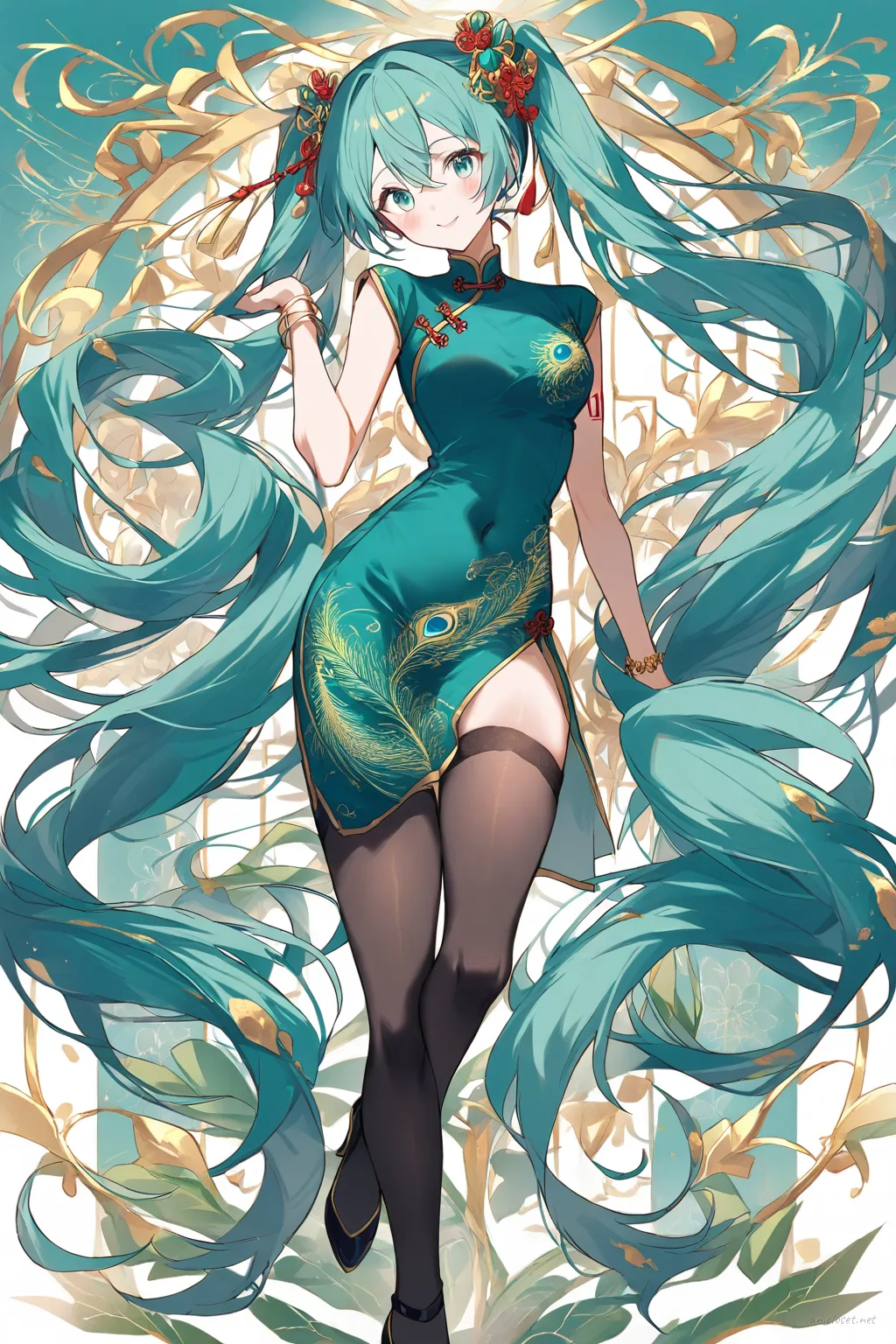 Full-body illustration of Hatsune Miku wearing a patterned silk qipao with peacock motifs, standing in a clean studio backdrop, black ankle-strap heels visible