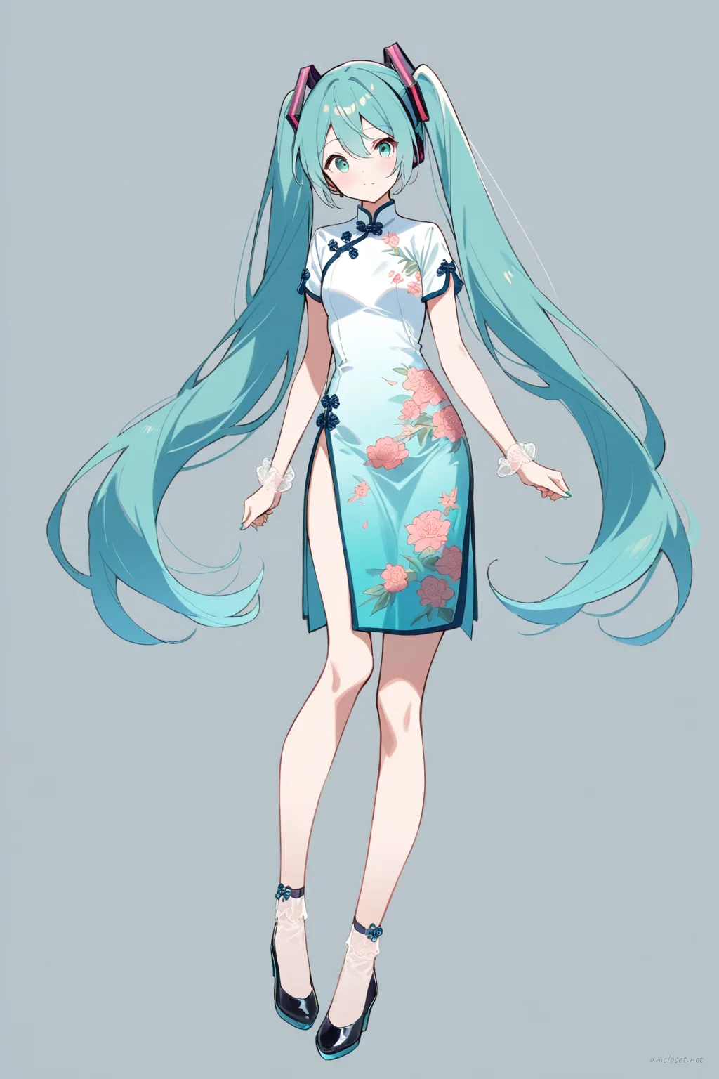 Full-body illustration of Hatsune Miku wearing a short-sleeve summer qipao with floral embroidery, standing against a simple studio background