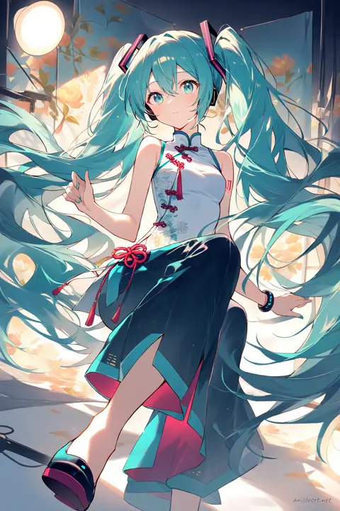 Knee-up half-body illustration of Hatsune Miku wearing a modest qipao with wide trousers, embroidered floral silk fabric under soft studio lighting