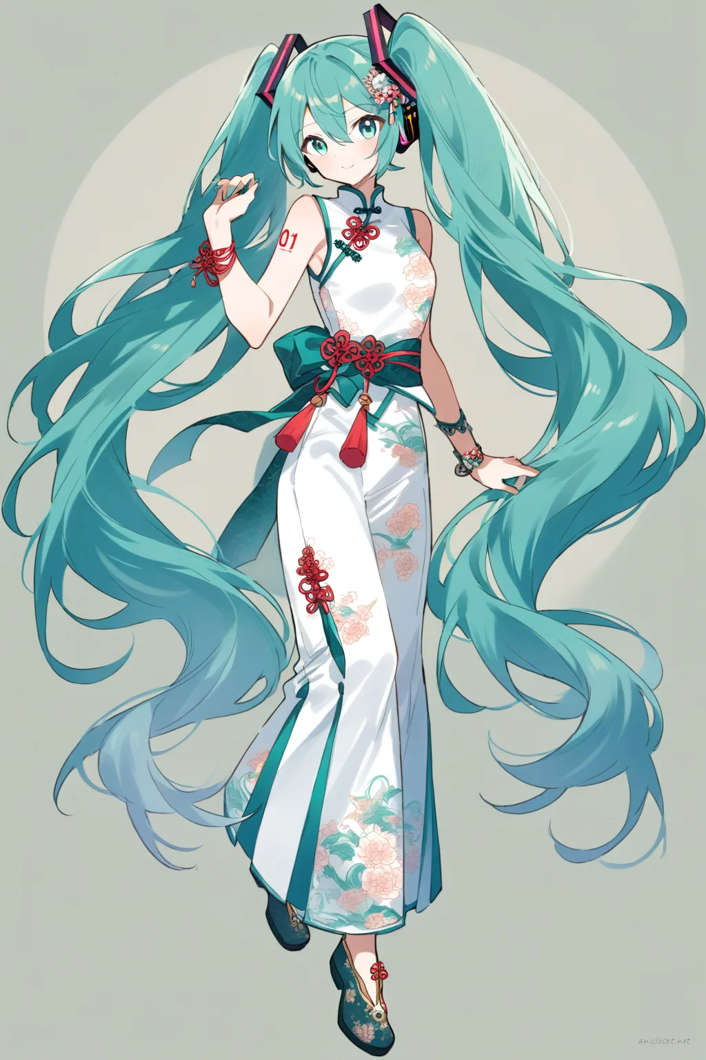 Full-body three-quarter view illustration of Hatsune Miku wearing a China dress variant 10 with qipao and wide trousers, showing embroidered floral patterns and silk fabric