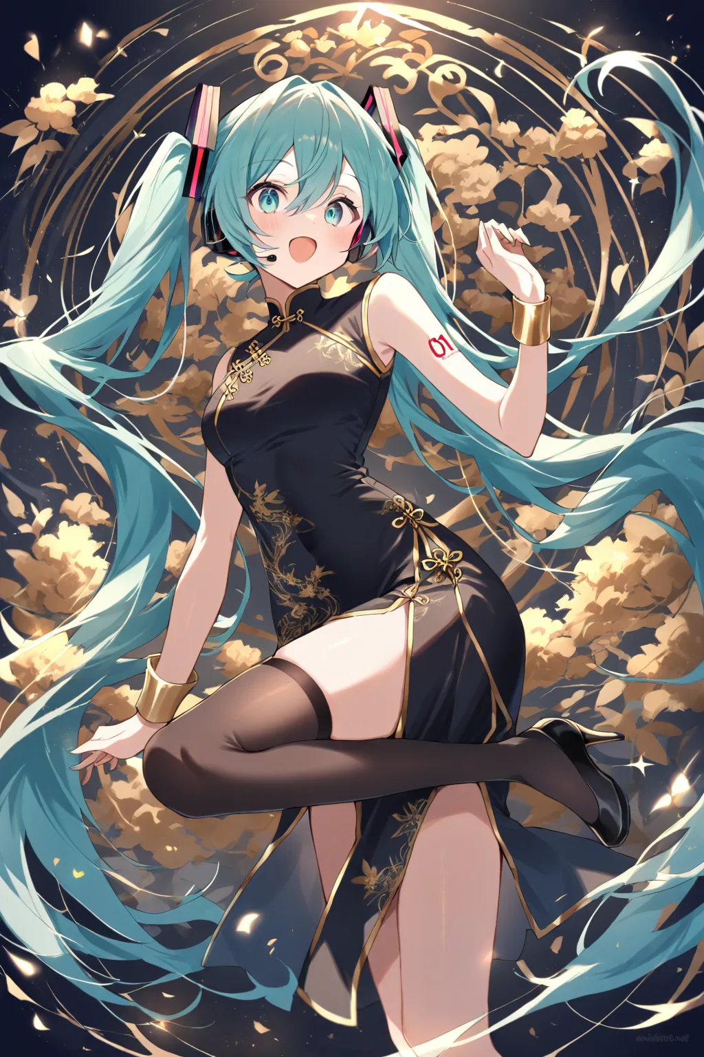 Knee-up half-body illustration of Hatsune Miku wearing a gold-accent evening qipao with gold embroidery, sheer black stockings, and gold hair ornament under soft studio lighting