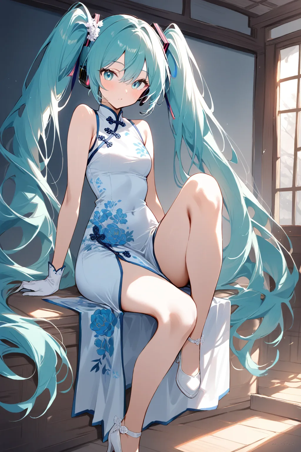 Full-body three-quarter view illustration of Hatsune Miku wearing a blue floral sleeveless qipao with high slit, mandarin collar, sheer white gloves, white ankle-strap heels, and silver hairpin against a studio background