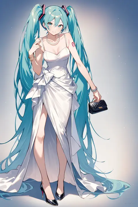 Full-body illustration of Hatsune Miku in a sleeveless satin evening gown with a slit skirt, high stiletto heels, clutch bag, and pearl jewelry against a clean studio backdrop