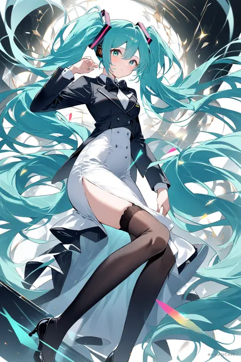 Full-body three-quarter view of Hatsune Miku wearing a black tuxedo dress hybrid with satin lapels, high slit skirt, sheer black stockings, and black patent leather pumps, styled with a sleek updo against a simple studio background