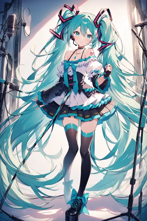 Full-body illustration of Hatsune Miku in her Idol stage outfit standing against a clean studio backdrop, showing frilled blouse, pleated skirt, and platform shoes.