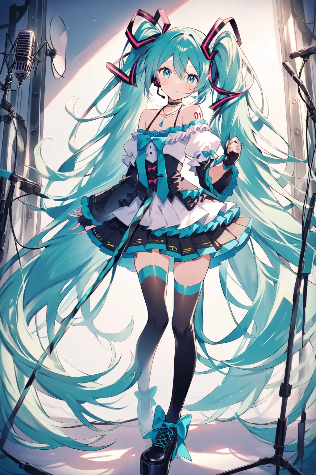 Full-body illustration of Hatsune Miku in her Idol stage outfit standing against a clean studio backdrop, showing frilled blouse, pleated skirt, and platform shoes.