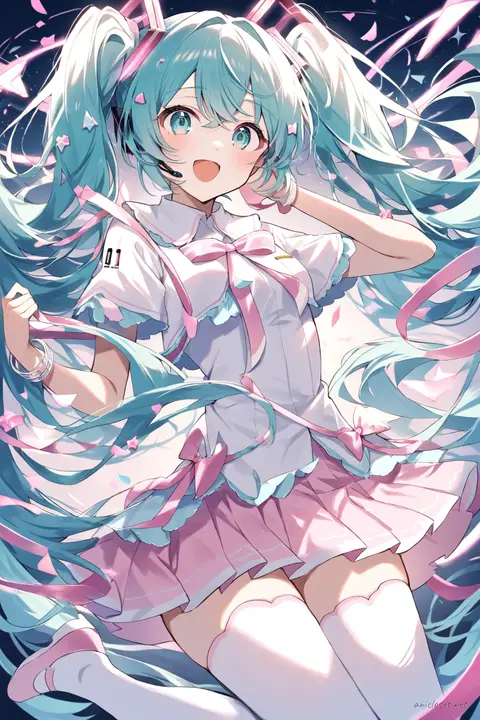 Full-body illustration of Hatsune Miku standing in pastel pink pleated mini skirt, pastel blue cropped blazer with white trim, white blouse, twin pastel ribbons in hair, white thigh-high stockings with pink bows, pastel pink ballet flats, and pastel blue fingerless gloves against a clean studio backdrop