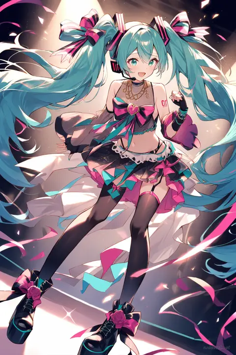 Full-body three-quarter view of Hatsune Miku in a sparkly sleeveless crop top, asymmetrical layered mini skirt, fingerless mesh gloves, thigh-high stockings with garter belts, platform ankle boots with ribbons, metallic choker necklace, oversized bow hair accessory, and wireless headset microphone, posed against a stage spotlight background