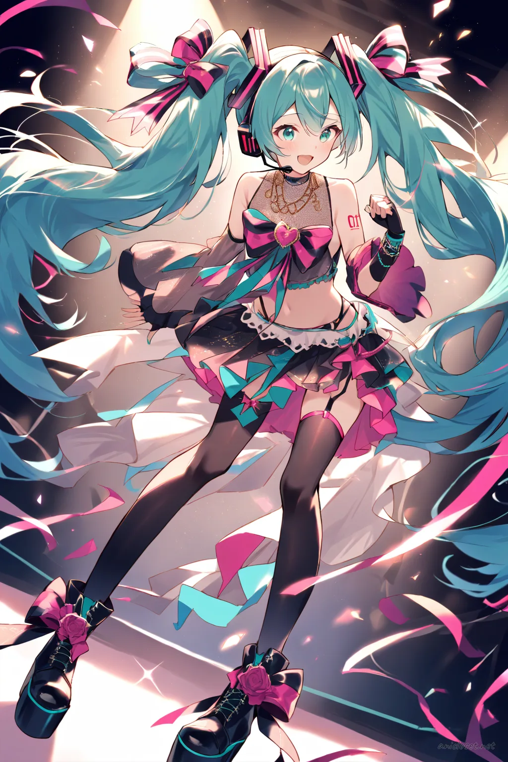 Full-body three-quarter view of Hatsune Miku in a sparkly sleeveless crop top, asymmetrical layered mini skirt, fingerless mesh gloves, thigh-high stockings with garter belts, platform ankle boots with ribbons, metallic choker necklace, oversized bow hair accessory, and wireless headset microphone, posed against a stage spotlight background