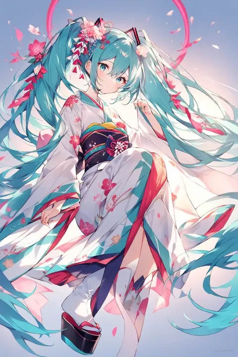 Illustration of Hatsune Miku wearing a traditional kimono with obi and furisode sleeves, shown from knee-up under soft studio lighting