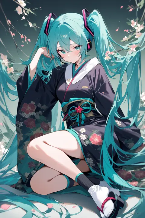 Full-body three-quarter view of Hatsune Miku wearing a dark formal kimono with subdued floral pattern, black obi, and simple hair ornament against a clean studio background