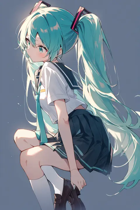 Illustration of Hatsune Miku wearing a sailor collar school uniform with pleated skirt and knee socks, shown knee-up under soft studio lighting