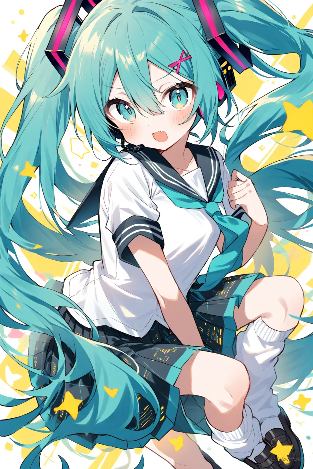Knee-up half-body illustration of Hatsune Miku wearing a checkered skirt serafuku with loose socks and loafers, soft studio lighting