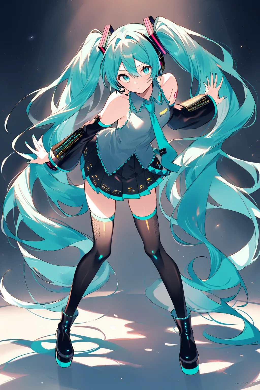 Full-body illustration of Hatsune Miku in her Signature look variant 03, standing with alternate black platform ankle boots against a clean studio backdrop