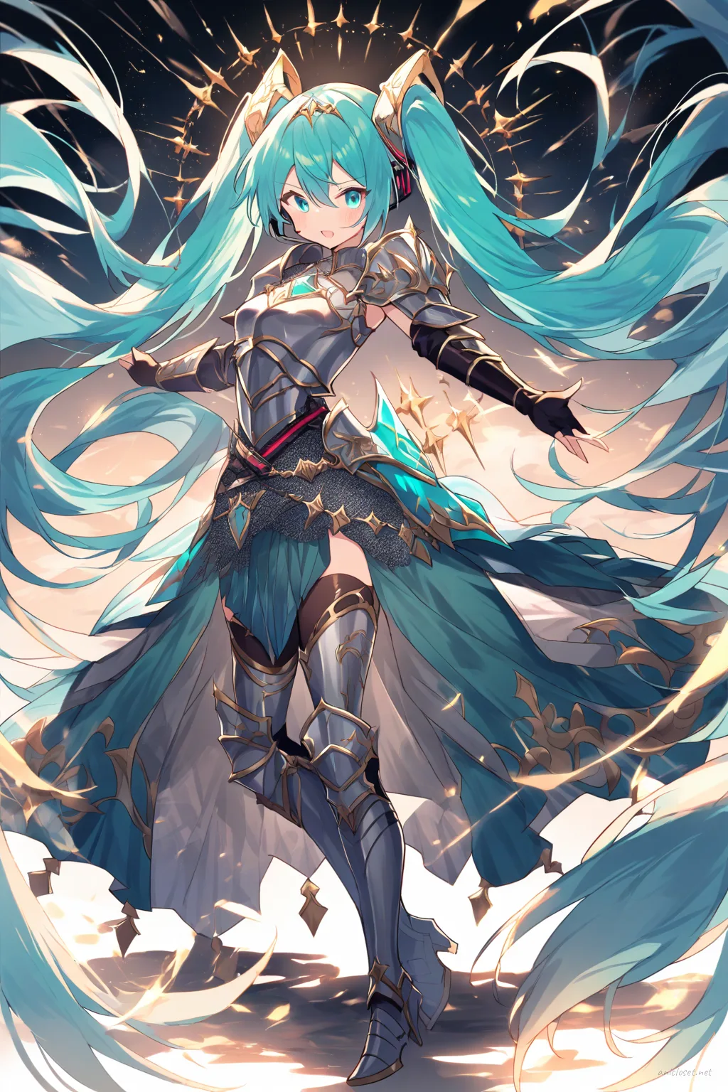 Illustration of Hatsune Miku wearing a fantasy armor outfit with armored chestplate, leather pauldrons, chainmail sleeves, long flowing skirt, and thigh-high armored boots, standing in a clean studio backdrop