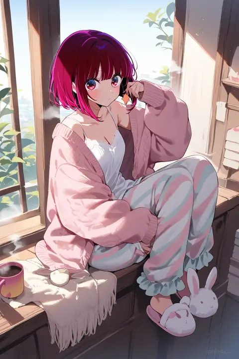 Kana Arima sitting sideways on window seat wearing chunky oversized knit cardigan, white lace camisole, soft striped pajama pants, and pastel bunny slippers holding a steaming mug in soft afternoon light