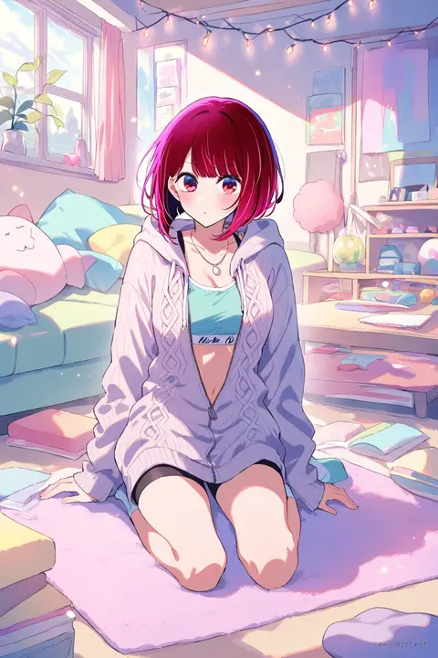 Full-body three-quarter view of Kana Arima wearing a pastel zip-up hoodie half-open over a sport bra top, bike shorts, and ankle socks, stretching on a yoga mat in a tidy living room with soft window light and fairy lights