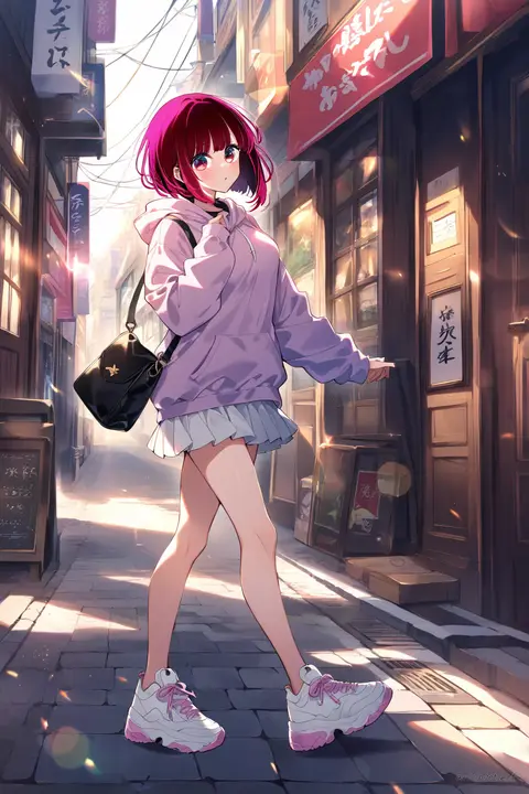 Kana Arima walking mid-stride wearing an oversized pastel pink hoodie, white pleated mini skirt, white chunky sneakers, and black crossbody bag on a sunlit shopping street with storefront signs and lens flare