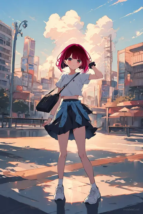Kana Arima wearing white cropped tee, black tennis skirt, white sneakers, standing in open plaza under bright sky