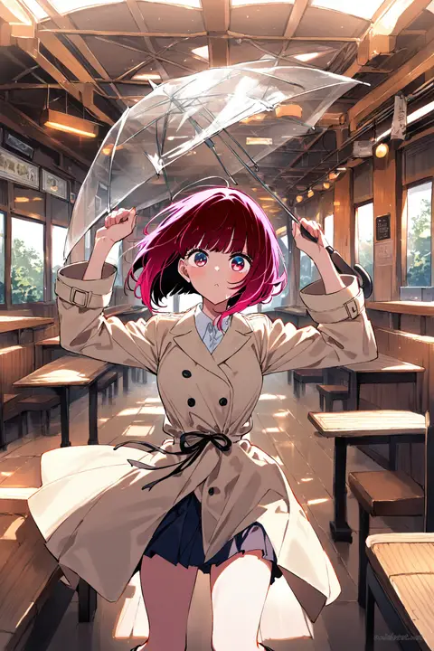 Kana Arima in pastel beige trench coat with ribbon belt, pleated skirt, mid-calf boots, holding clear umbrella on wet shopping street