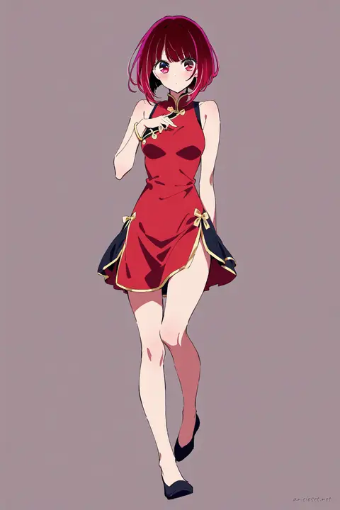 Kana Arima in classic red qipao with gold trim and frog buttons, knee-up half-body view under soft studio lighting