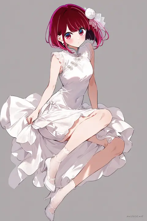 Full-body three-quarter view of Kana Arima wearing a white silk qipao with soft lace trim, delicate frog buttons, high slit, sleeveless design, mandarin collar, white kitten heels, sheer white ankle socks, and pearl stud earrings against a clean studio background