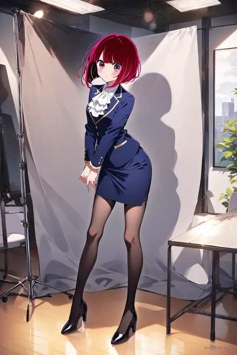 Kana Arima in navy pencil skirt suit and fitted blazer standing by glass office window with city view