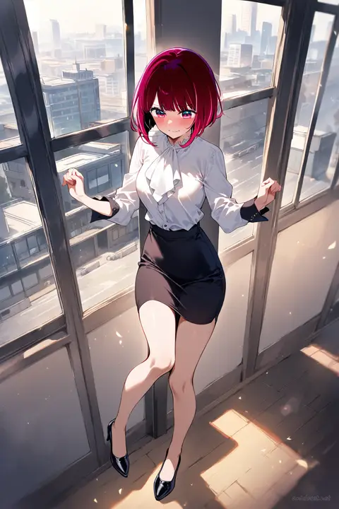 Kana Arima wearing a black blazer over a white blouse and high-waist pencil skirt, posing in an elevator lobby with black pumps