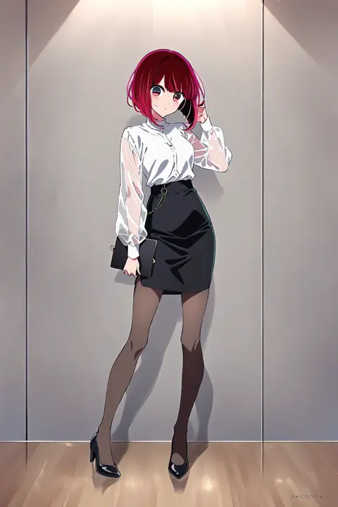 Kana Arima standing full-body in a white blouse with sheer long sleeves tucked into a black midi pencil skirt, wearing black leather pumps and holding a clipboard in a bright conference room